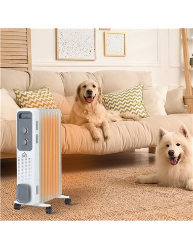 HOMCOM 2000W Oil Filled Radiator, 9 Fin, Portable Electric Heater with 3 Heat Settings, Safety Cut-Off and Wheels, White