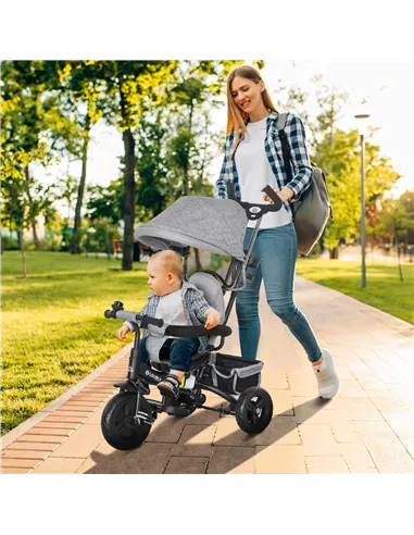 HOMCOM 6 in 1 Kids Trike Push Bike w/ Push Handle, Canopy, 5-point Safety Belt, Storage, Footrest, Brake, for 1-5 Years, Grey