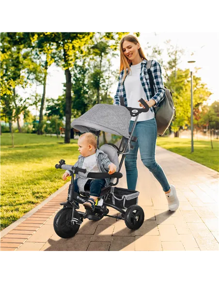 HOMCOM 6 in 1 Kids Trike Push Bike w/ Push Handle, Canopy, 5-point Safety Belt, Storage, Footrest, Brake, for 1-5 Years, Grey