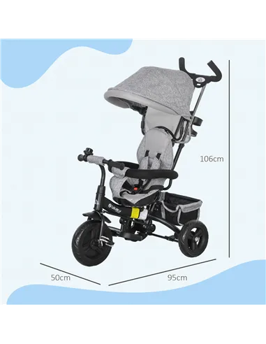 HOMCOM 6 in 1 Kids Trike Push Bike w/ Push Handle, Canopy, 5-point Safety Belt, Storage, Footrest, Brake, for 1-5 Years, Grey