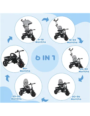 HOMCOM 6 in 1 Kids Trike Push Bike w/ Push Handle, Canopy, 5-point Safety Belt, Storage, Footrest, Brake, for 1-5 Years, Grey