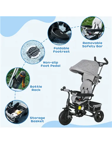 HOMCOM 6 in 1 Kids Trike Push Bike w/ Push Handle, Canopy, 5-point Safety Belt, Storage, Footrest, Brake, for 1-5 Years, Grey