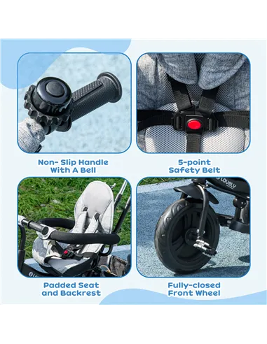 HOMCOM 6 in 1 Kids Trike Push Bike w/ Push Handle, Canopy, 5-point Safety Belt, Storage, Footrest, Brake, for 1-5 Years, Grey