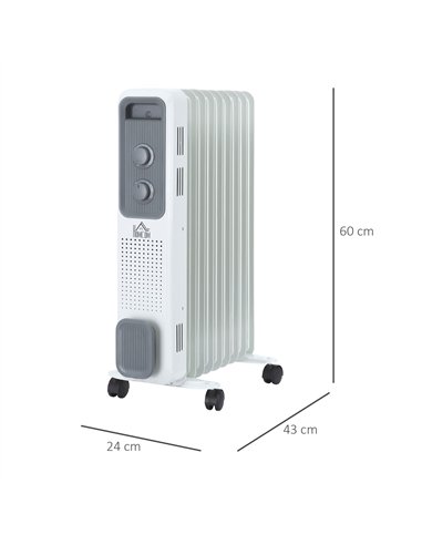 HOMCOM 2000W Oil Filled Radiator, 9 Fin, Portable Electric Heater with 3 Heat Settings, Safety Cut-Off and Wheels, White