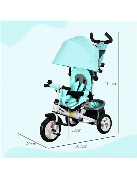 HOMCOM 6 in 1 Kids Trike with Parent Handle, Canopy, 5-point Safety Belt, Storage, Footrest, Brake, for 1-5 Years, Green