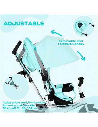 HOMCOM 6 in 1 Kids Trike with Parent Handle, Canopy, 5-point Safety Belt, Storage, Footrest, Brake, for 1-5 Years, Green