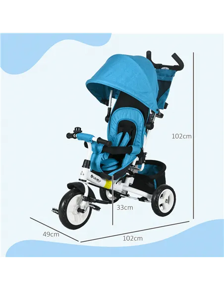 HOMCOM 6 in 1 Kids Trike with Parent Handle, Canopy, 5-point Safety Belt, Storage, Footrest, Brake, for 1-5 Years, Blue