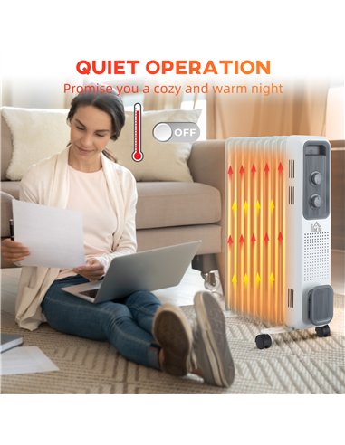 HOMCOM 2000W Oil Filled Radiator, 9 Fin, Portable Electric Heater with 3 Heat Settings, Safety Cut-Off and Wheels, White