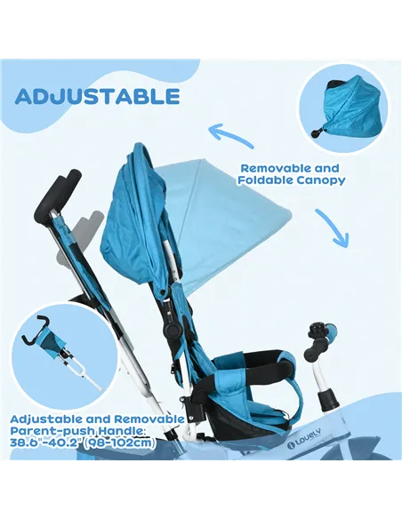 HOMCOM 6 in 1 Kids Trike with Parent Handle, Canopy, 5-point Safety Belt, Storage, Footrest, Brake, for 1-5 Years, Blue