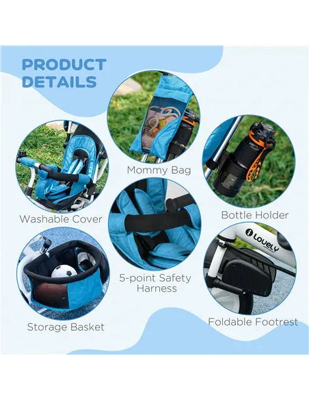 HOMCOM 6 in 1 Kids Trike with Parent Handle, Canopy, 5-point Safety Belt, Storage, Footrest, Brake, for 1-5 Years, Blue