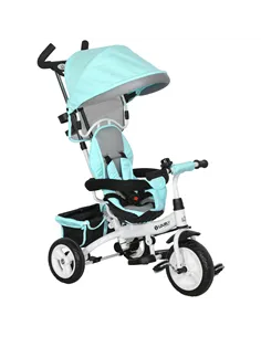HOMCOM 6 in 1 Kids Trike Push Bike w/ Push Handle, Canopy, 5-point Safety Belt, Storage, Footrest, Brake, for 1-5 Years, Green