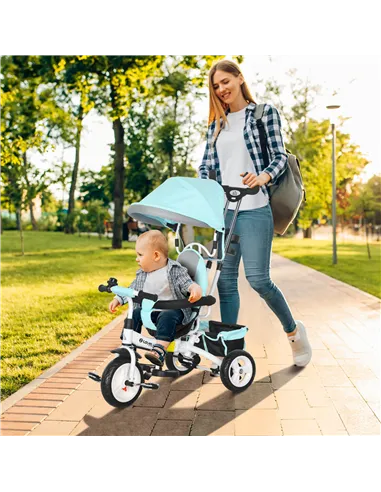 HOMCOM 6 in 1 Kids Trike Push Bike w/ Push Handle, Canopy, 5-point Safety Belt, Storage, Footrest, Brake, for 1-5 Years, Green