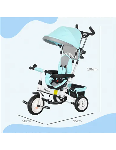 HOMCOM 6 in 1 Kids Trike Push Bike w/ Push Handle, Canopy, 5-point Safety Belt, Storage, Footrest, Brake, for 1-5 Years, Green