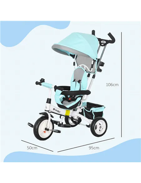 HOMCOM 6 in 1 Kids Trike Push Bike w/ Push Handle, Canopy, 5-point Safety Belt, Storage, Footrest, Brake, for 1-5 Years, Green