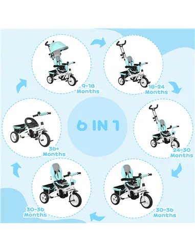 HOMCOM 6 in 1 Kids Trike Push Bike w/ Push Handle, Canopy, 5-point Safety Belt, Storage, Footrest, Brake, for 1-5 Years, Green