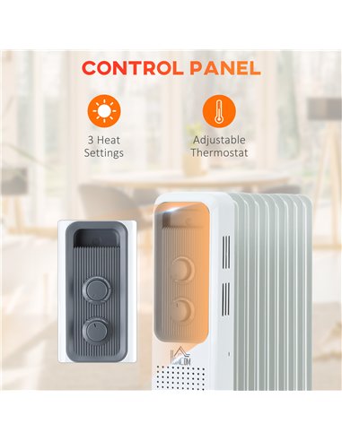 HOMCOM 2000W Oil Filled Radiator, 9 Fin, Portable Electric Heater with 3 Heat Settings, Safety Cut-Off and Wheels, White