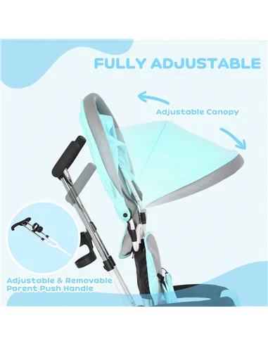 HOMCOM 6 in 1 Kids Trike Push Bike w/ Push Handle, Canopy, 5-point Safety Belt, Storage, Footrest, Brake, for 1-5 Years, Green