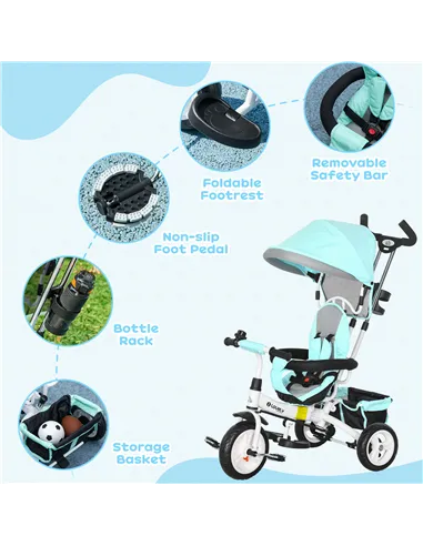 HOMCOM 6 in 1 Kids Trike Push Bike w/ Push Handle, Canopy, 5-point Safety Belt, Storage, Footrest, Brake, for 1-5 Years, Green