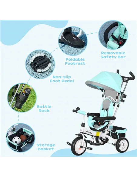 HOMCOM 6 in 1 Kids Trike Push Bike w/ Push Handle, Canopy, 5-point Safety Belt, Storage, Footrest, Brake, for 1-5 Years, Green