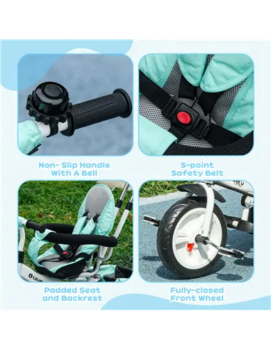 HOMCOM 6 in 1 Kids Trike Push Bike w/ Push Handle, Canopy, 5-point Safety Belt, Storage, Footrest, Brake, for 1-5 Years, Green