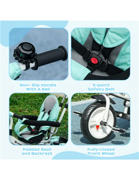 HOMCOM 6 in 1 Kids Trike Push Bike w/ Push Handle, Canopy, 5-point Safety Belt, Storage, Footrest, Brake, for 1-5 Years, Green