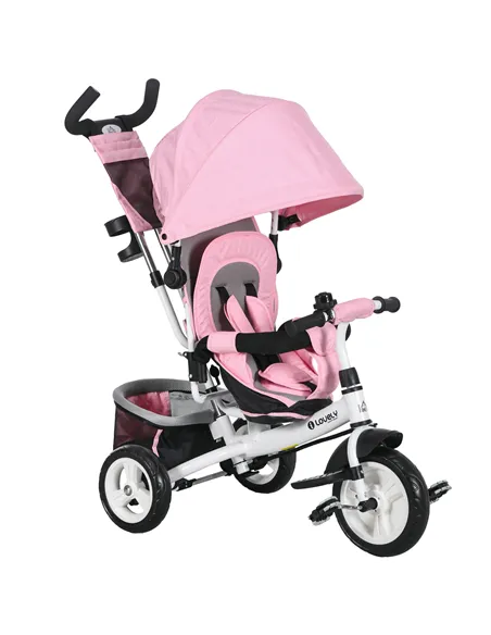 HOMCOM 6 in 1 Kids Trike with Parent Handle, Canopy, 5-point Safety Belt, Storage, Footrest, Brake, for 1-5 Years, Pink