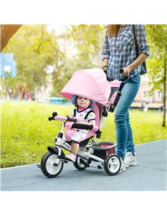 HOMCOM 6 in 1 Kids Trike with Parent Handle, Canopy, 5-point Safety Belt, Storage, Footrest, Brake, for 1-5 Years, Pink 2