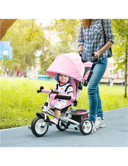 HOMCOM 6 in 1 Kids Trike with Parent Handle, Canopy, 5-point Safety Belt, Storage, Footrest, Brake, for 1-5 Years, Pink