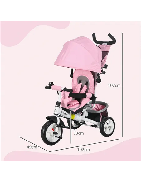 HOMCOM 6 in 1 Kids Trike with Parent Handle, Canopy, 5-point Safety Belt, Storage, Footrest, Brake, for 1-5 Years, Pink