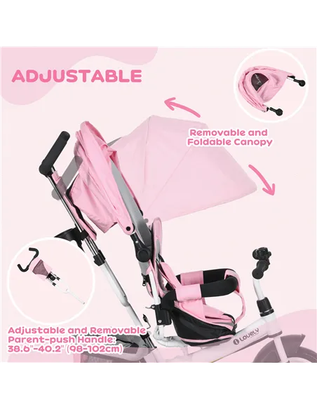 HOMCOM 6 in 1 Kids Trike with Parent Handle, Canopy, 5-point Safety Belt, Storage, Footrest, Brake, for 1-5 Years, Pink