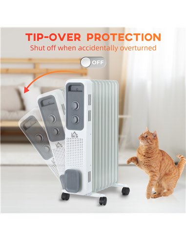 HOMCOM 2000W Oil Filled Radiator, 9 Fin, Portable Electric Heater with 3 Heat Settings, Safety Cut-Off and Wheels, White