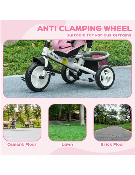 HOMCOM 6 in 1 Kids Trike with Parent Handle, Canopy, 5-point Safety Belt, Storage, Footrest, Brake, for 1-5 Years, Pink