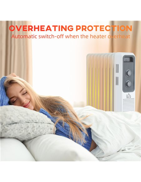 HOMCOM 2000W Oil Filled Radiator, 9 Fin, Portable Electric Heater with 3 Heat Settings, Safety Cut-Off and Wheels, White