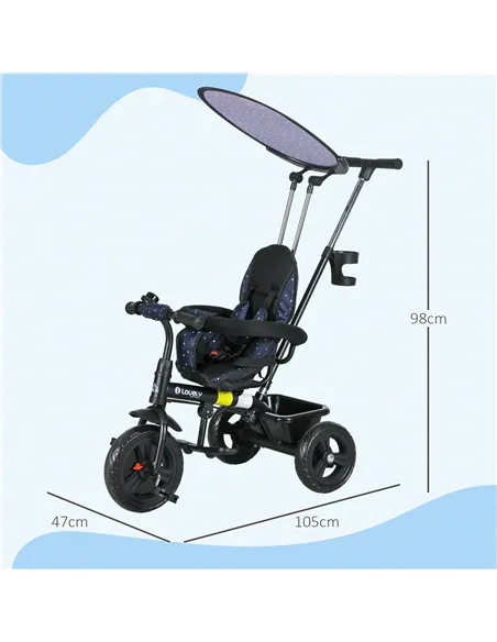 HOMCOM 6 in 1 Tricycle for Kids with 5-point harness straps, Removable Canopy, Dark Blue