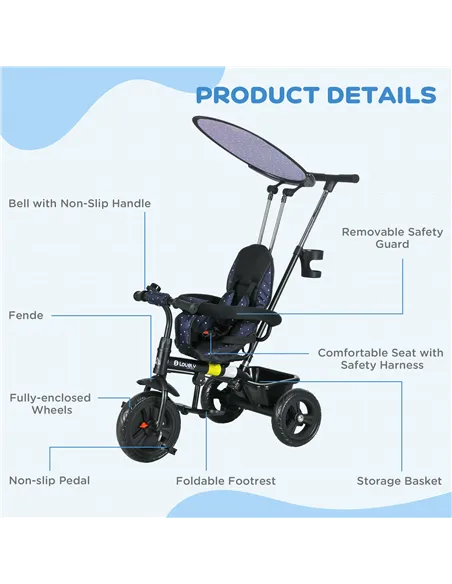 HOMCOM 6 in 1 Tricycle for Kids with 5-point harness straps, Removable Canopy, Dark Blue