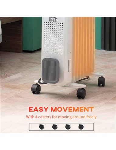 HOMCOM 2000W Oil Filled Radiator, 9 Fin, Portable Electric Heater with 3 Heat Settings, Safety Cut-Off and Wheels, White