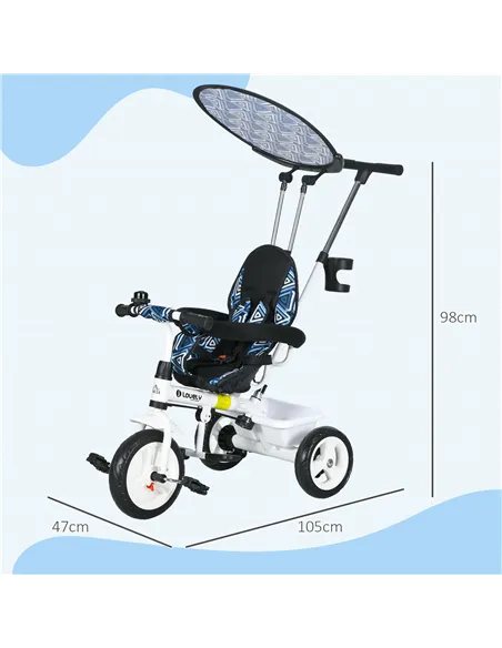 HOMCOM 6 in 1 Tricycle for Kids with 5-point harness straps, Removable Canopy, Blue