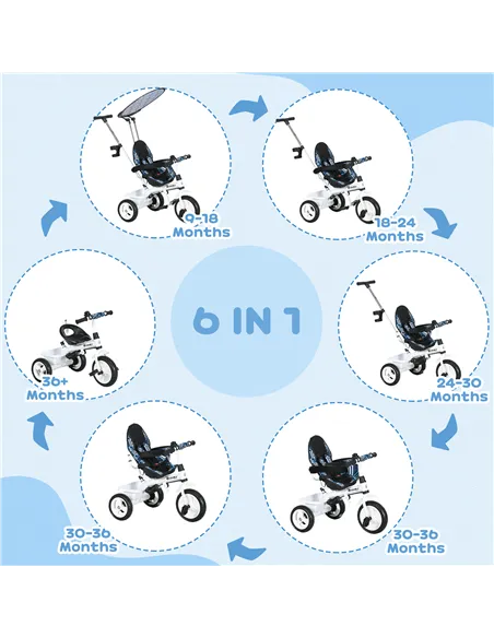 HOMCOM 6 in 1 Tricycle for Kids with 5-point harness straps, Removable Canopy, Blue
