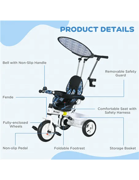 HOMCOM 6 in 1 Tricycle for Kids with 5-point harness straps, Removable Canopy, Blue