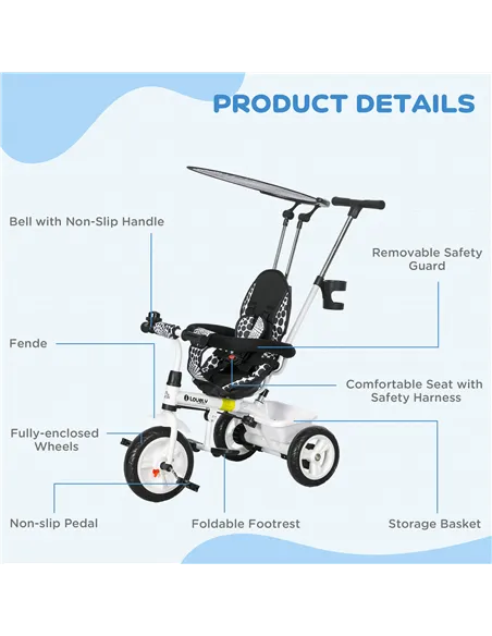 HOMCOM 6 in 1 Tricycle for Kids with 5-point harness straps, Removable Canopy, White