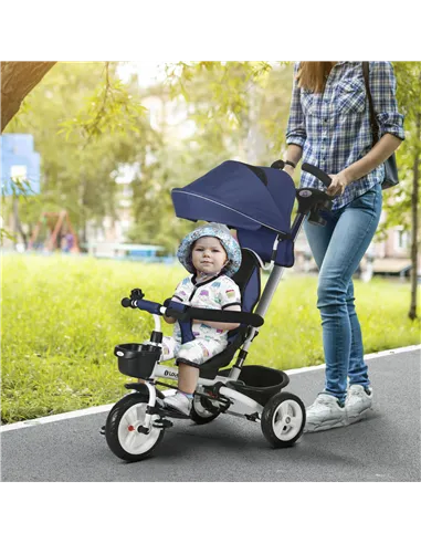 HOMCOM Metal Frame 6 in 1 Baby Push Tricycle with Parent Handle for 1-5 Years Old, Dark Blue