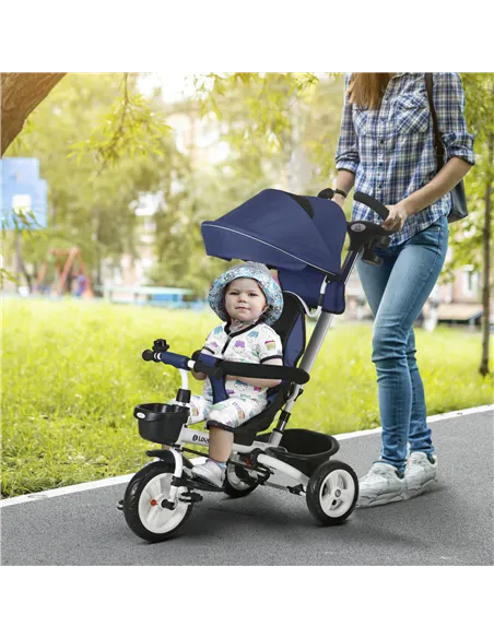 HOMCOM Metal Frame 6 in 1 Baby Push Tricycle with Parent Handle for 1-5 Years Old, Dark Blue