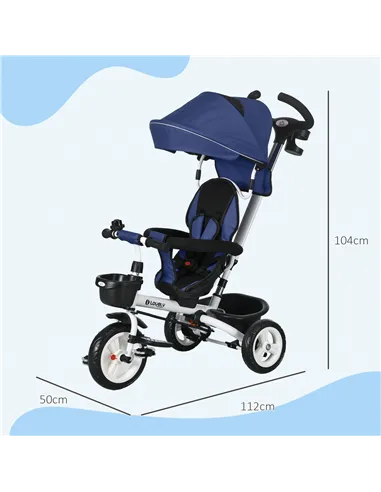 HOMCOM Metal Frame 6 in 1 Baby Push Tricycle with Parent Handle for 1-5 Years Old, Dark Blue