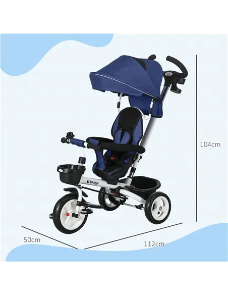 HOMCOM Metal Frame 6 in 1 Baby Push Tricycle with Parent Handle for 1-5 Years Old, Dark Blue