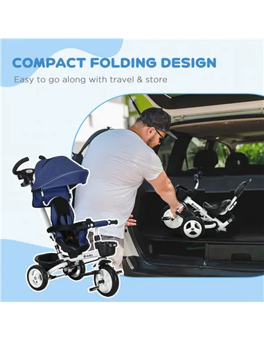 HOMCOM Metal Frame 6 in 1 Baby Push Tricycle with Parent Handle for 1-5 Years Old, Dark Blue