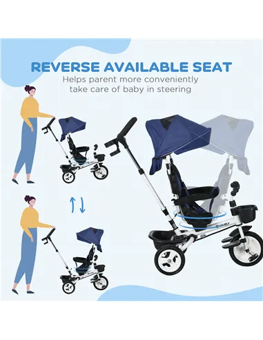 HOMCOM Metal Frame 6 in 1 Baby Push Tricycle with Parent Handle for 1-5 Years Old, Dark Blue