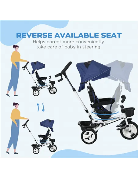 HOMCOM Metal Frame 6 in 1 Baby Push Tricycle with Parent Handle for 1-5 Years Old, Dark Blue