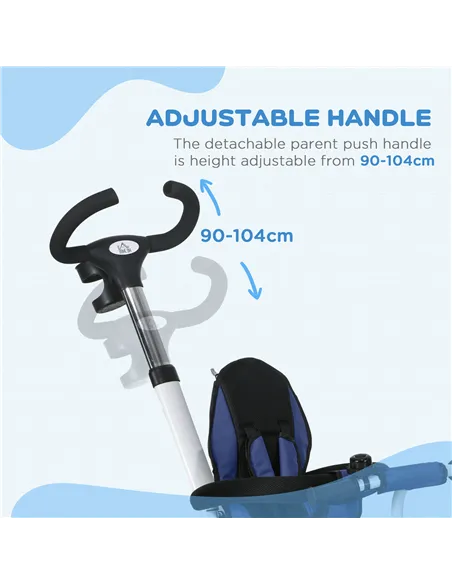 HOMCOM Metal Frame 6 in 1 Baby Push Tricycle with Parent Handle for 1-5 Years Old, Dark Blue