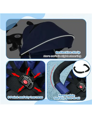 HOMCOM Metal Frame 6 in 1 Baby Push Tricycle with Parent Handle for 1-5 Years Old, Dark Blue