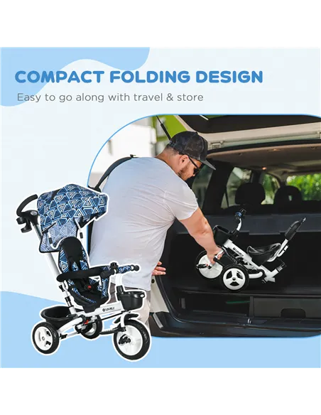 HOMCOM Metal Frame 6 in 1 Baby Push Tricycle with Parent Handle for 1-5 Years Old, Light Blue